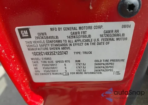 2005 Chevrolet Silverado 1500 Work Truck from USA, damaged, VIN 1GCEC14X25Z123747